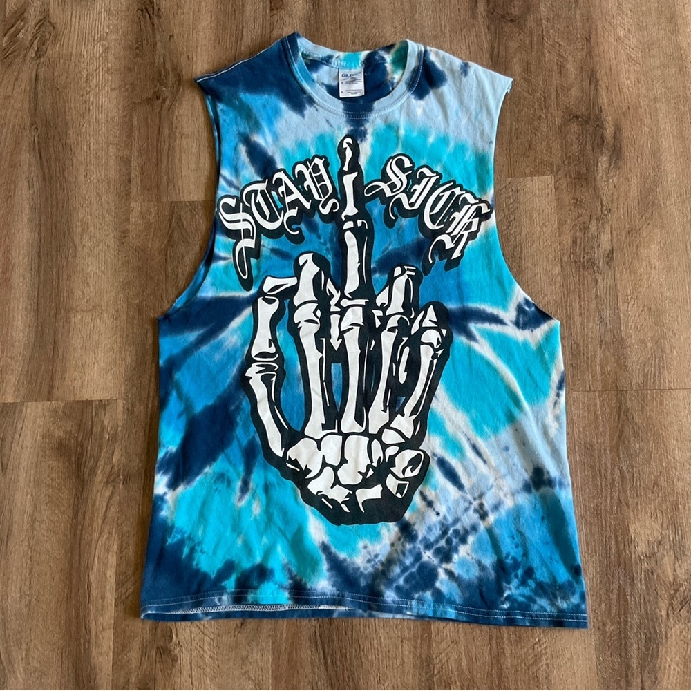 Stay Sick Clothing Men’s Tank Top Size M Blue Tie Dye Skeleton Bones Middle Fing
